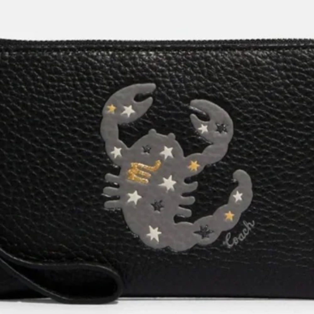 NWT Coach Corner Zip Zodiac Wristlet In Canvas Leather With Scorpio CF534